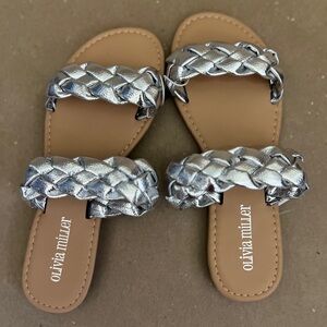 Olivia Miller Metallic Braided Double-Strap Slide Sandals - Silver and Tan